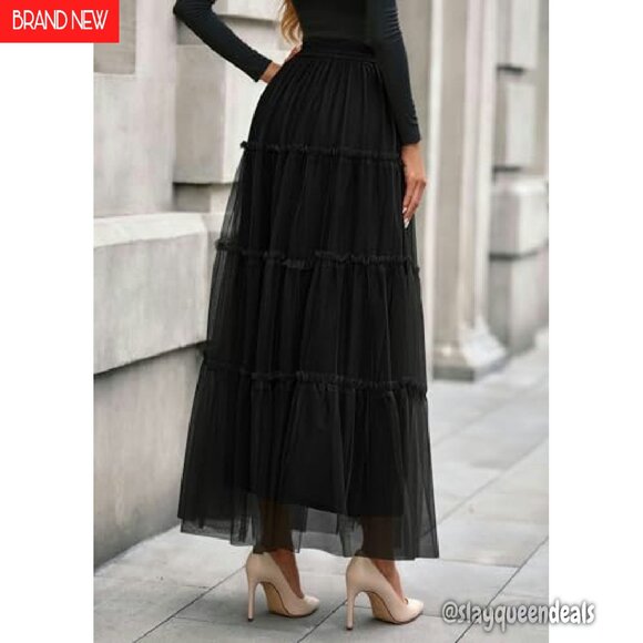 Tulle Maxi Skirt High Waist Elastic Fairy Tiered A-Line Long Skirt - Picture 6 of 8